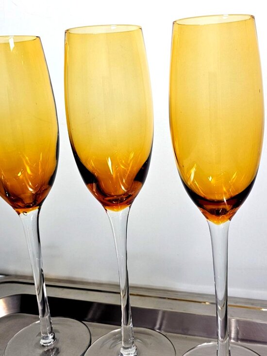 3 Vintage Amber Champagne Flutes Glasses 9.75" toasting winter fall parties - Picture 4 of 6